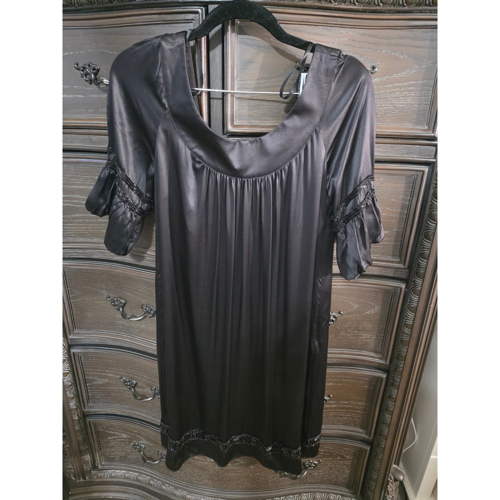 Laundry by Design Black Silk Beaded Shift Dress Scoop Neck Mini Size 4